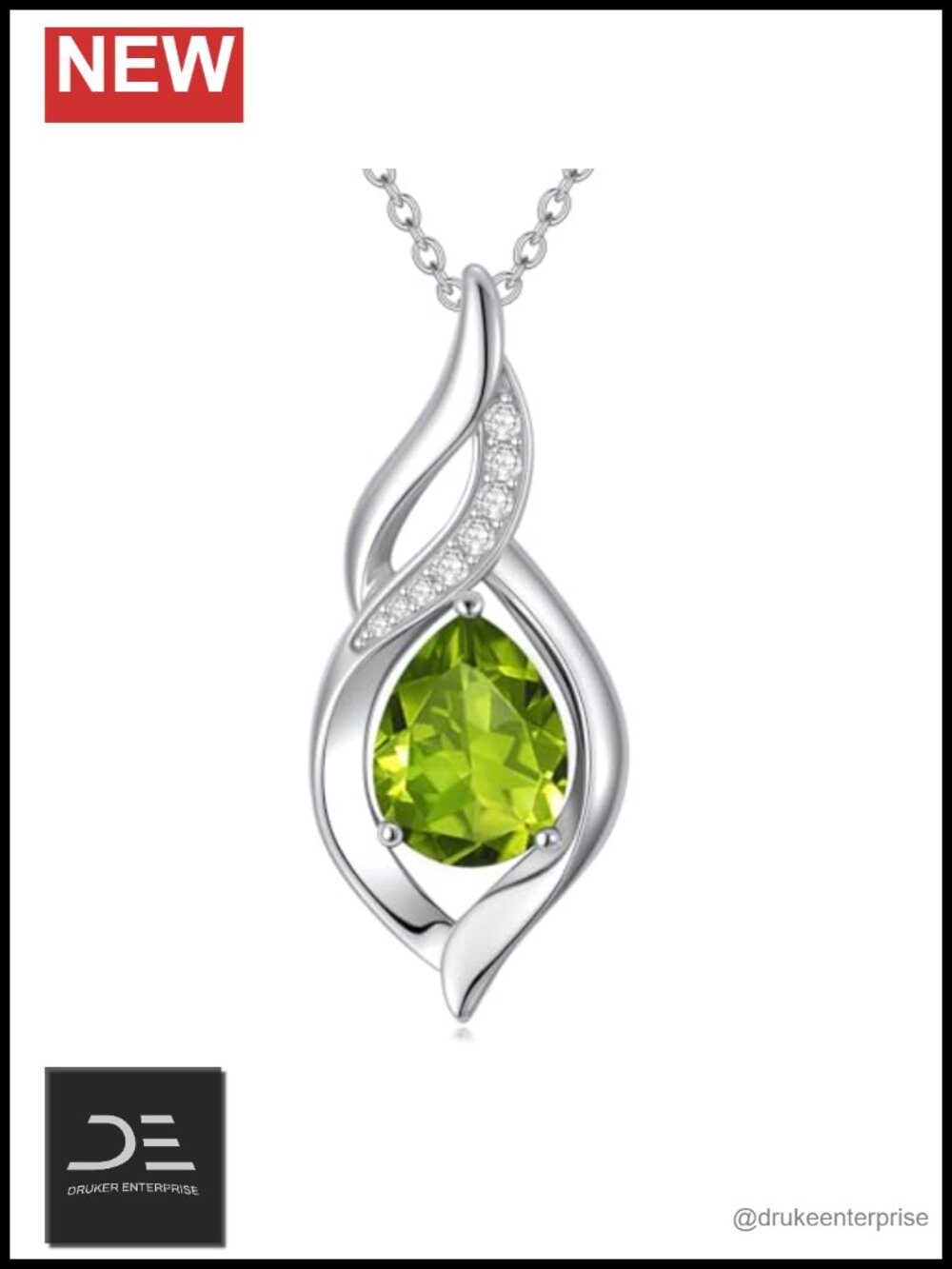 925 Sterling Silver Peridot Birthstone Necklace Teardrop Pendant Infinity Love